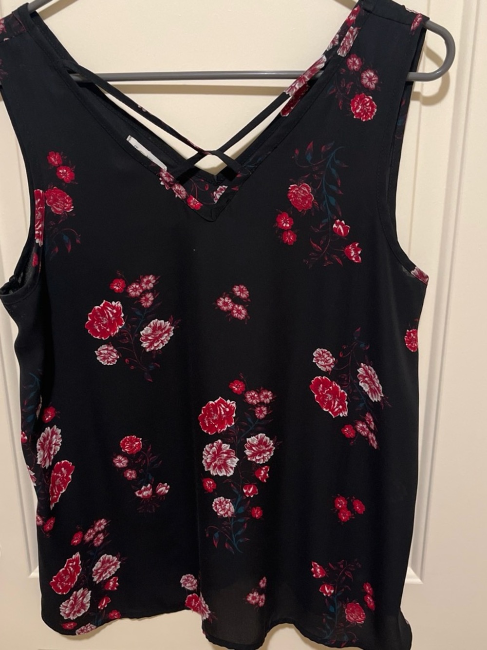 Maurices Black Floral V-Neck Crisscross top